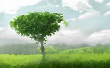 a painting of a tree in a grassy field