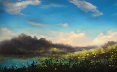 a painting of a lake surrounded by grass with clouds in the sky