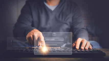 Man's hand touches computer keyboard for login, internet access, identity security and encryption,...