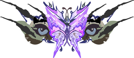 Tiger mask with butterfly element for holidays and events. Tiger eyes in gray key with a purple-pink butterfly in the center for carnival masks, prints, textiles, fashion, posters, etc. Vector 