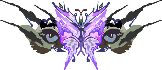 Tiger mask with butterfly element for holidays and events. Tiger eyes in gray key with a purple-pink butterfly in the center for carnival masks, prints, textiles, fashion, posters, etc. Vector 