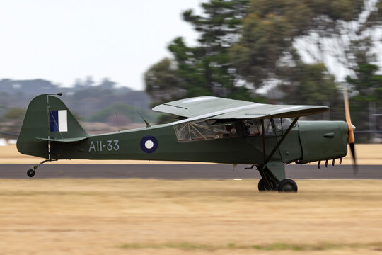 RAAF Williams, Point Cook, Australia - March 1, 2014: Former Royal Australian Air Force (RAAF) Taylorcraft Auster Mk III observation aircraft VH-BDM (A11-33).