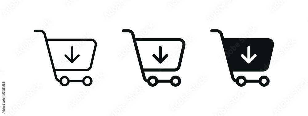Poster add to shopping cart icon, shop basket symbol with arrow down