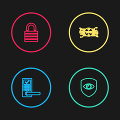 Set line Digital door lock with wireless, Shield and eye, VPN microchip circuit and Lock icon. Vector