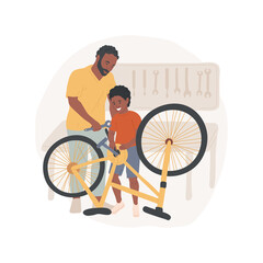 Repair bike in a garage isolated cartoon vector illustration. Father and son working with tools in garage, repairing bicycle together, help to fix the bike, middle school child vector cartoon.