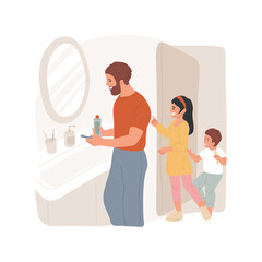 Washing up isolated cartoon vector illustration. Daily routine, family members in bathroom together, queue for brushing teeth, getting ready, washing up, morning hygiene vector cartoon.
