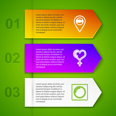 Set line Location with 18 plus, Female gender and heart, Condom in package and Monitor content. Business infographic template. Vector