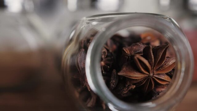 Spices star anise close-up, Middle eastern and arabian culture. Seasoning and flavors. Pepper, coriander, paprika, cumin. Different kinds of dry herbs for cooking. 