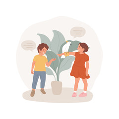 Parrot isolated cartoon vector illustration. Companion parrot behavior, cockatoo sitting on childs hand, kid speaking to a bird, teaching to talk, training, children having pets vector cartoon. © Vector Juice