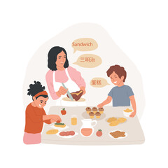 Having traditional food isolated cartoon vector illustration. Children have typical snacks, cultural exchange, traditional food, cooking class, bilingual kindergarten, education vector cartoon. - obrazy, fototapety, plakaty