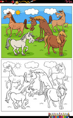 funny cartoon horses farm animals group coloring book page