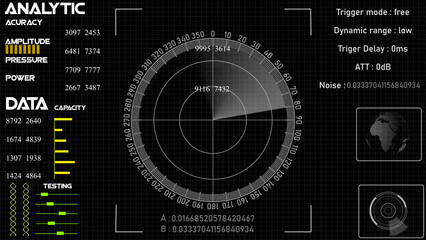 Fototapeta premium Technology interface HUD rotating on dark virtual screen with animated interface .radar HUD animation. Radar Gaps Navigation Screen Display ,bullet Shot & Futuristic Tracking. 