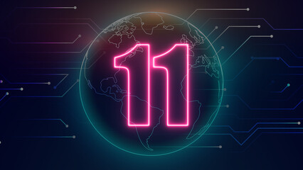 Neon number on black background. Learning numbers, serial number, price, place. 