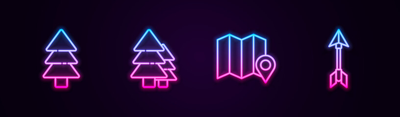 Set line Tree, , Location of the forest on map and Hipster arrow. Glowing neon icon. Vector