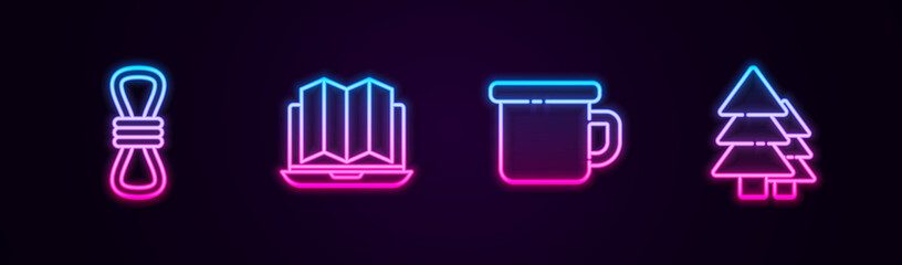 Set line Climber rope, Location of the forest in laptop, Camping metal mug and Tree. Glowing neon icon. Vector