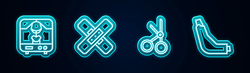 Set line X-ray machine, Crossed bandage plaster, Medical scissors and Inhaler. Glowing neon icon. Vector © vector_v
