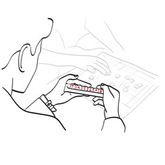 line art businessman playing puzzle crossword with red word of TRICKS illustration vector hand drawn isolated on white background