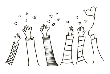 Volunteers and charity work. Raised helping hands. Vector hand drawn doodle illustrations with a crowd of people ready and available to help and contribute. Positive foundation, business, service.