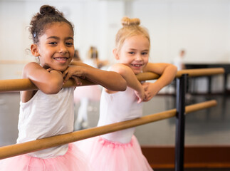Two little girls practicing ballet elements and positions in dance studio - obrazy, fototapety, plakaty