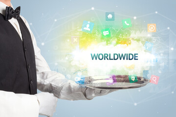 Waiter serving social networking concept