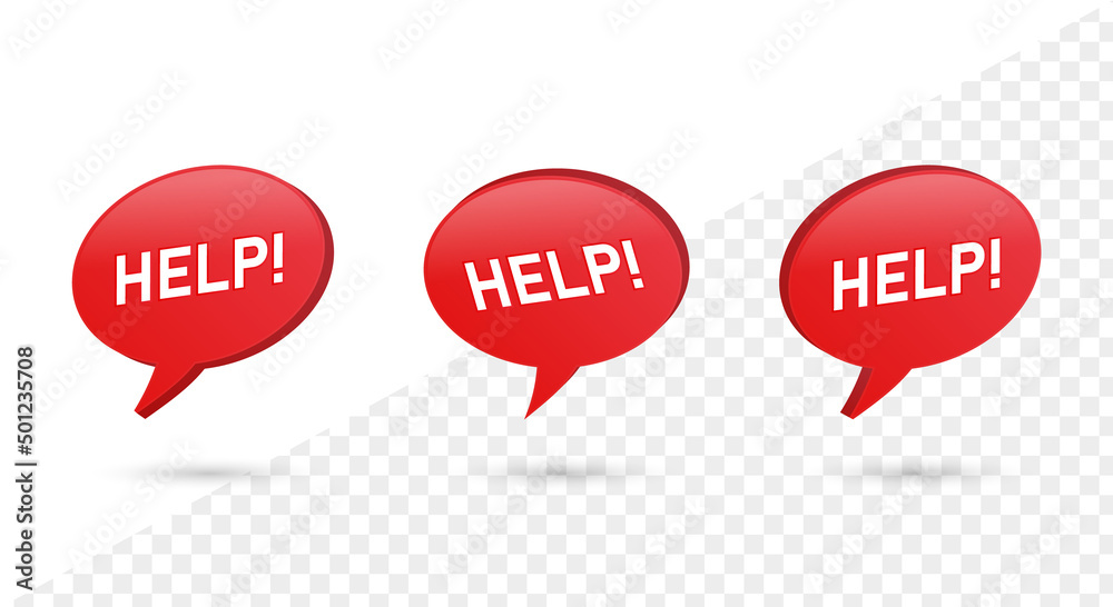 Poster 3d help word in speech bubble. FAQ, support red bubbles in modern 3d rendering