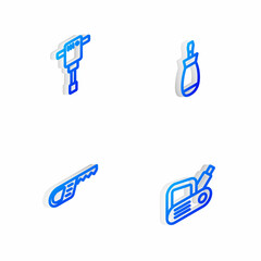 Set Isometric line Screwdriver, Construction jackhammer, Reciprocating saw and Electric planer tool icon. Vector