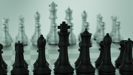 Fototapeta premium Silver-bronze chess figures on a board under white-green flare background. Chess board game concept of business ideas and competition and strategy ideas concept. 3D illustration under selective focus.