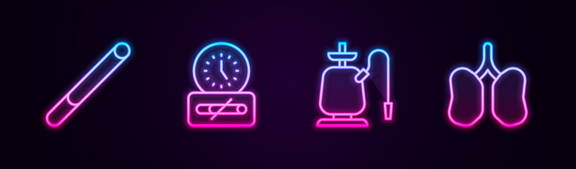 Set line Cigarette, No smoking time, Hookah and Lungs. Glowing neon icon. Vector
