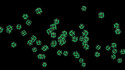 Green illuminated cubes under black background. Block chain network technology concept illustration. 3D illustration. 3D CG. 3D high quality rendering. 