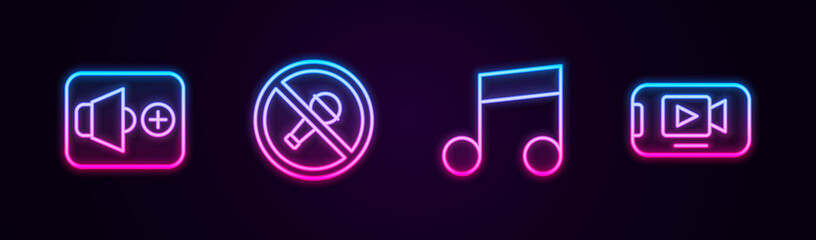 Set line Speaker volume, Mute microphone, Music note, tone and Online play video. Glowing neon icon. Vector