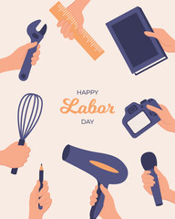 Happy Labor day greeting card Hands with tools