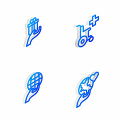 Set Isometric line Wheelchair for disabled person, Give gift, Hand holding Earth globe and icon. Vector
