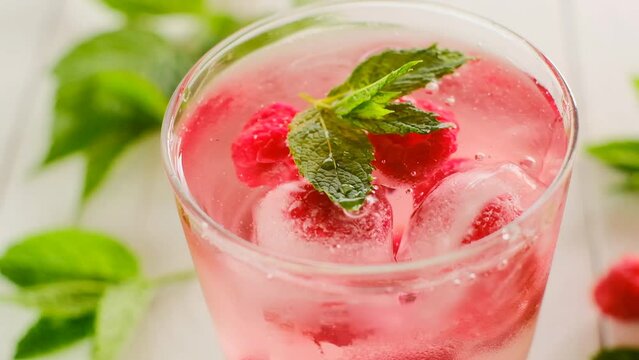 Summer drink.Raspberry cocktail.Ice cube falls into glass with raspberry pink drink. Ice cubes with raspberries with mineral water, berries and raspberry leaves .Splashes and drops 
