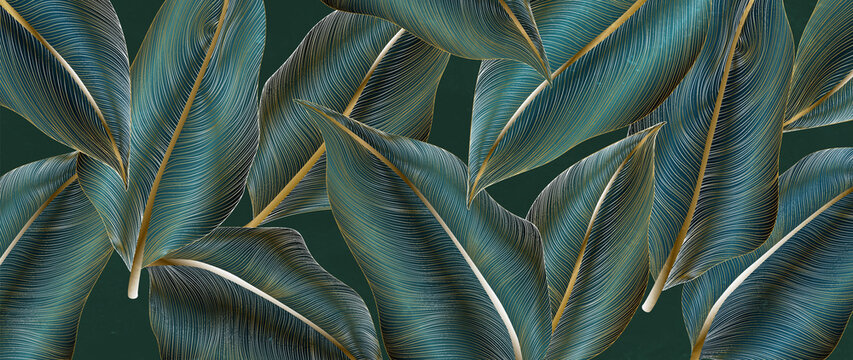 Luxury art background with tropical leaves in gold line art. Botanical exotic banner for interior decor design, package design, wallpapers, invitations
