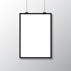 Realistic blank white paper hanging on clip. Mockup template. Vertical empty sheet with shadow. Vector illustration