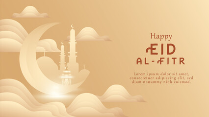 Background happy greeting eid al fitr with cloud shape, moon, lantern, gradient, minimalis color.