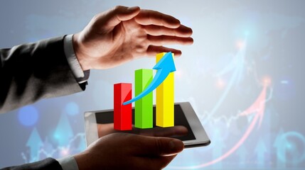 Businessman hand show increase market growth graph