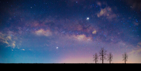 Panoramic blue sky, milky way and stars on dark background, cosmic filled with stars, nebula and...