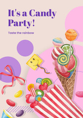 Poster template with candy jelly party concept,watercolor style