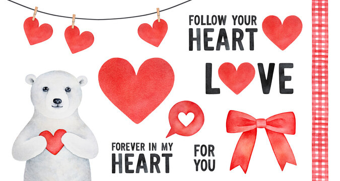 Watercolour illustration collection on Love theme with hearts, romantic text messages, lettering, bunting, cute polar bear cub. Hand painted graphic on white, isolated clipart elements for design.