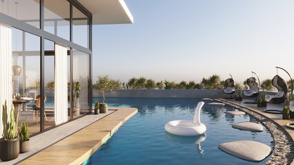 Luxurious swimming pool next to the house in a modern style. Villa with pool. Lifebuoy white swan. Lounge by the pool. 3d render