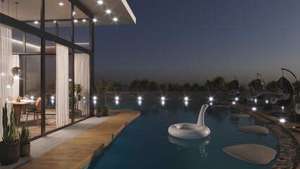 Luxurious swimming pool next to the house in a modern style. Villa with pool. Lifebuoy white swan. Lounge by the pool. 3d render