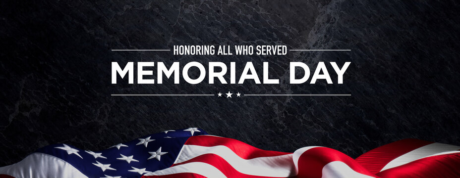 Memorial Day Banner with USA Flag and Black Rock Background.