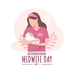 Vector illustration of a midwife holding a baby in her arms. International Midwife Day. - obrazy, fototapety, plakaty