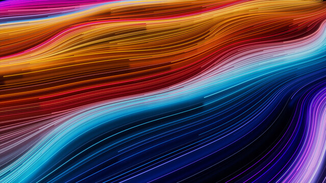 Colorful Lines Background with Orange, Pink and Turquoise Streaks. 3D Render.