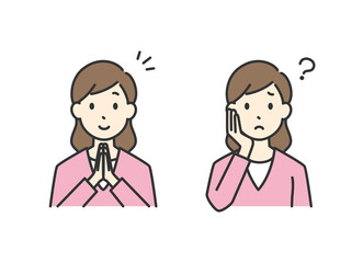 思いつく表情と考える表情の女性のイラスト