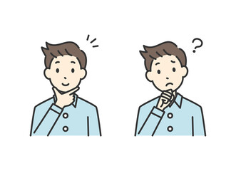 Fototapeta premium 思いつく表情と考える表情の男性のイラスト