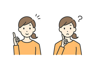思いつく表情と考える表情の女性のイラスト