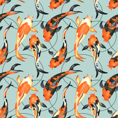 Naklejka premium Seamless pattern with fish. Koi carp. Watercolor illustration. The print is used for Wallpaper design, fabric, textile, packaging.