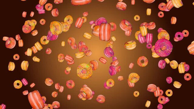 4K Animation of falling tasty donuts on green screen Background. Food, health, fast food concept. Bakery and food concept. Flying sweet pink dessert. Floating fast food icon pattern retro background